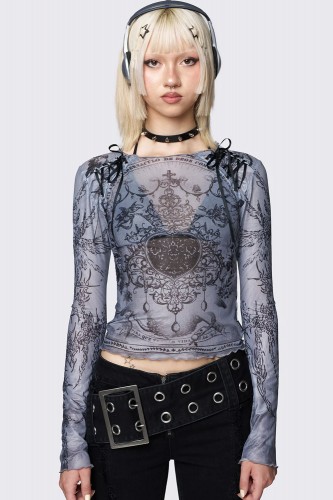 Willa Grey Printed Mesh Top...