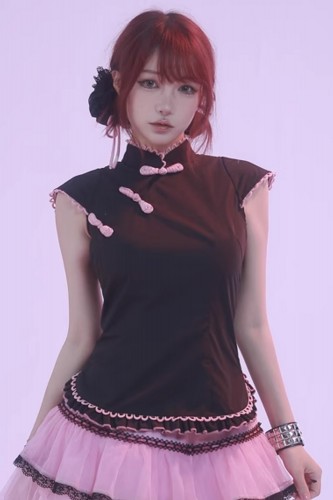 Cheongsam Top Black x Pink...