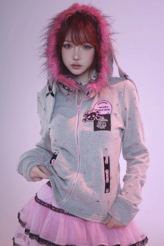 Y2K Punk Bunny Hoodie Grey...